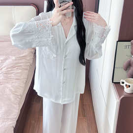 春夏季新款情侣居家睡衣女冰雪丝休闲时尚简约长袖长裤家居服套装
