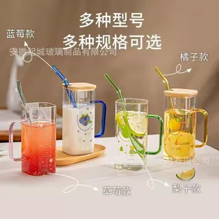 果汁玻璃水杯子高颜值吸管刻度杯方形水杯子家用勺子耐热水杯子