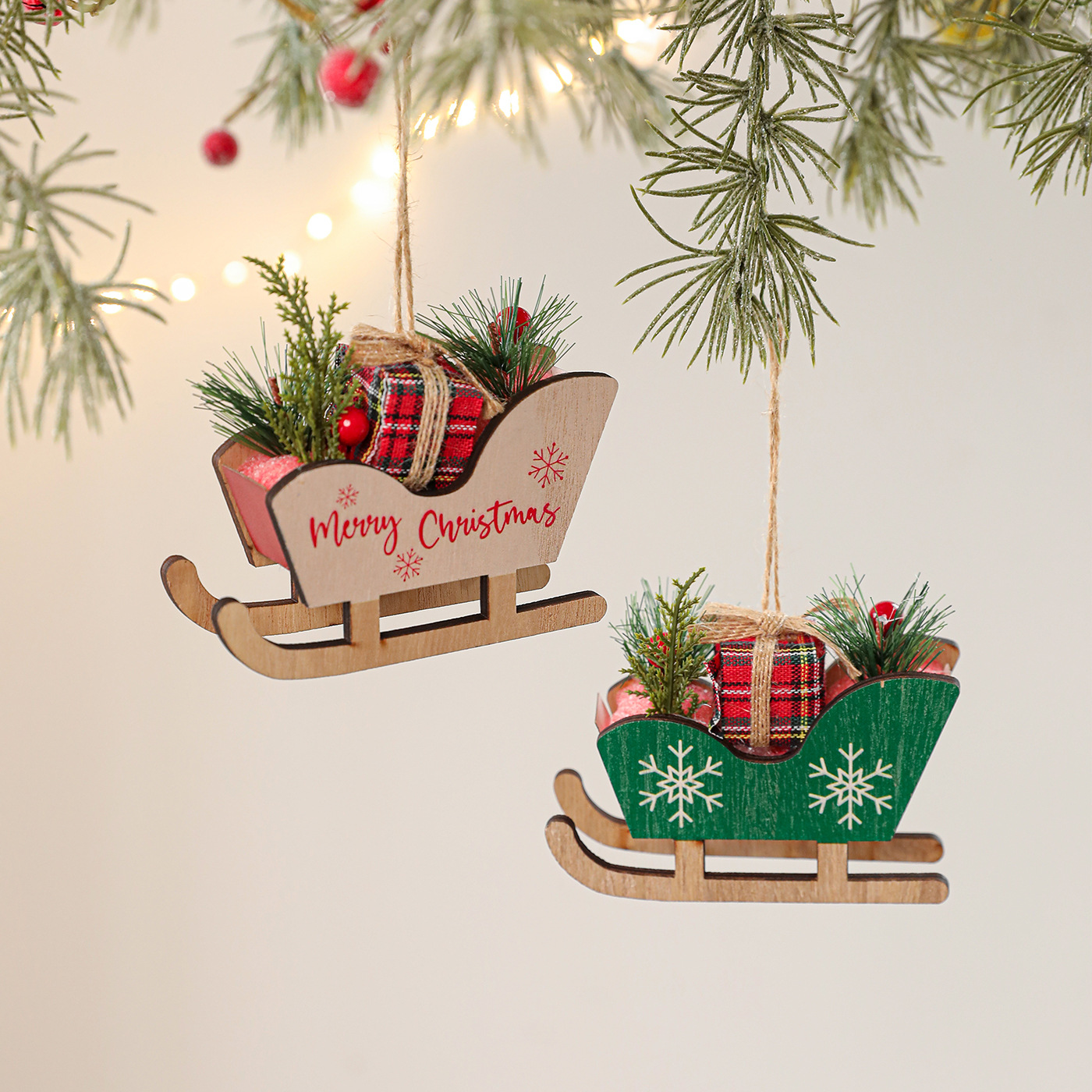 Navidad transfronteriza trineo de madera decoración colgante trineo decoración árbol de Navidad colgante atmósfera diseño de decoración de madera