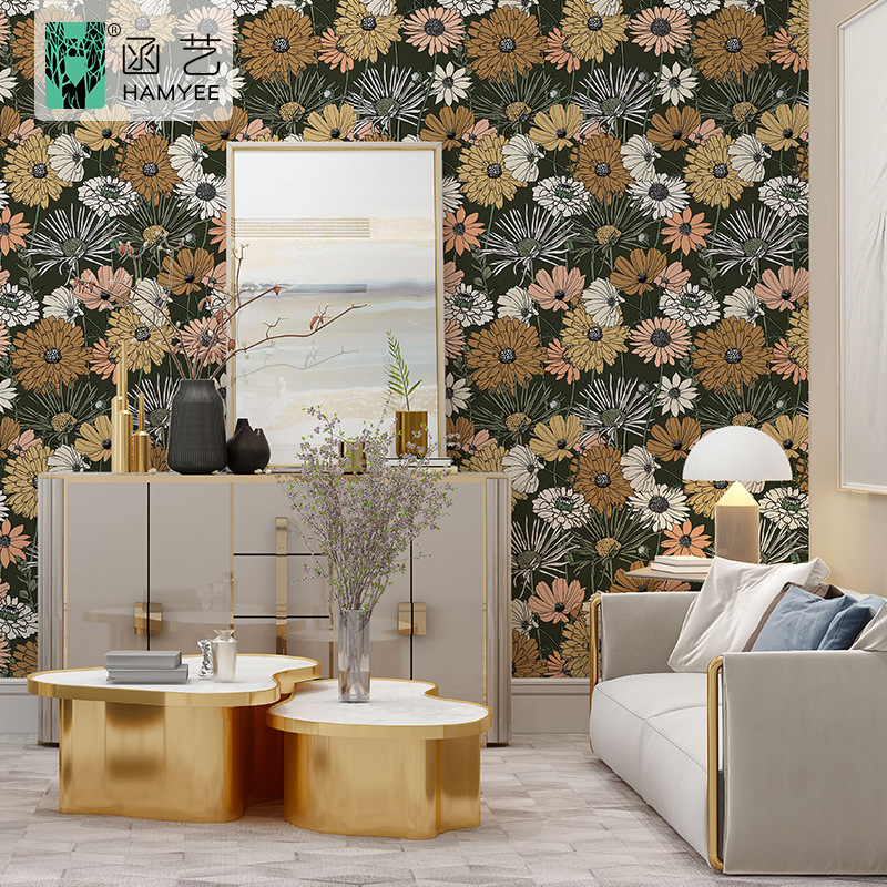 跨境加厚花卉墙纸PVC壁纸自粘卧室装饰防水墙布自贴批发wallpaper