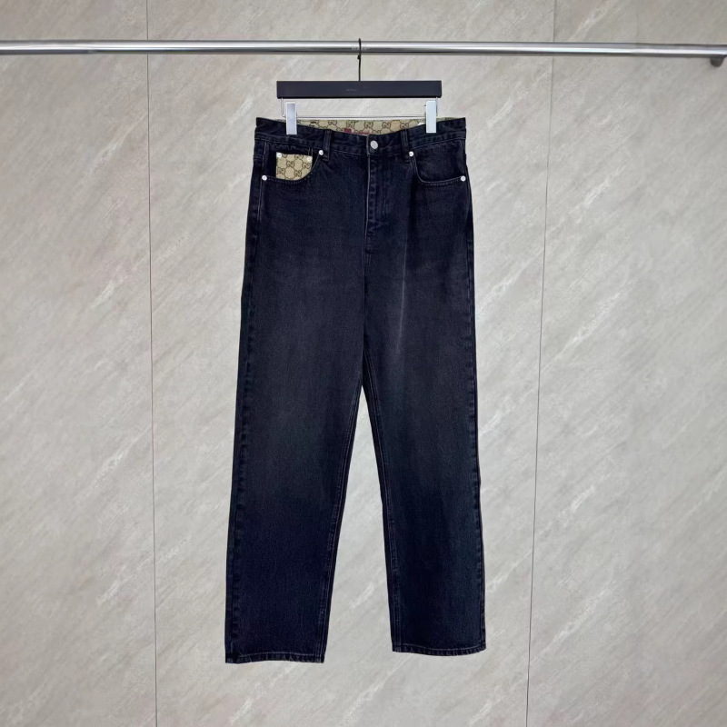 Lined with Woven Tape, Double g Embellished Washed Denim Men's Casual Jeans Set Men Jeans Lined with Woven Tape, Double g Embellished Washed Denim Men's Casual Jeans Set Men Jeans