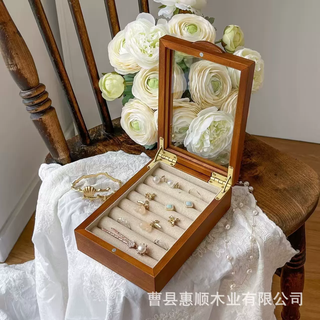 跨境现货木质首饰盒戒指项链宝盒轻奢戒指收纳盒便携式整理收纳盒