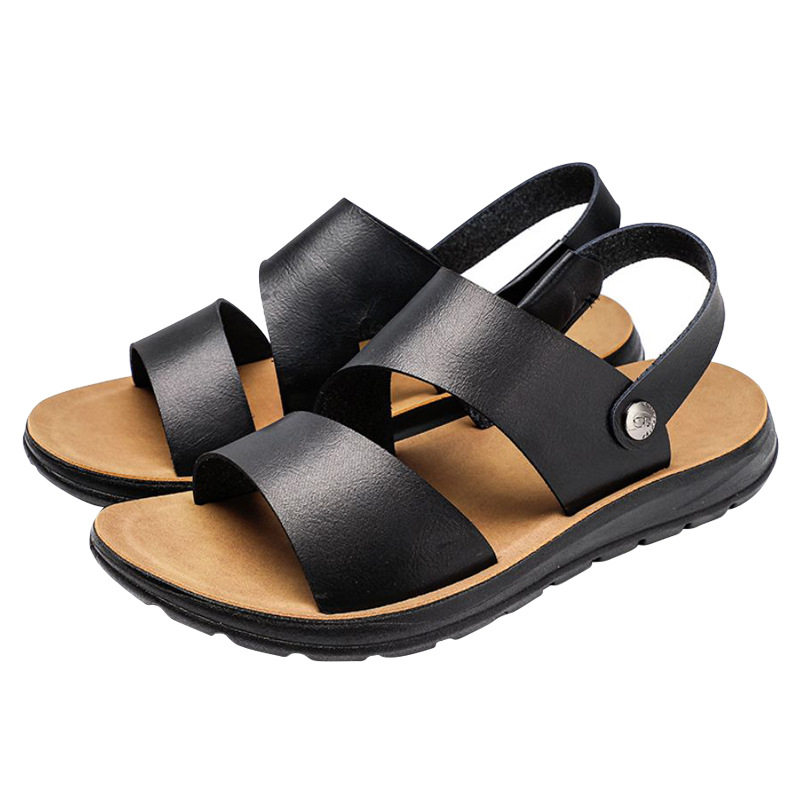 Dép sandal nữ quai ngang da PU chống trơn trượt, đế bệt thoáng khí đi trong nhà và ngoài trời — Màu xanh lam, Nâu vàng, Nâu đen, Nâu đậm