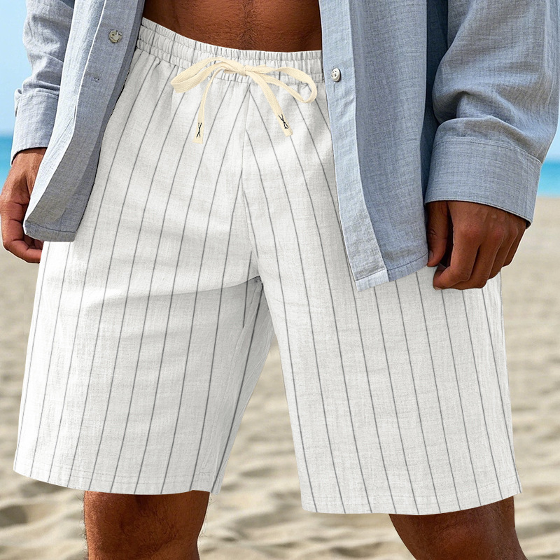 Pantaloncini casual da uomo in lino sottile con laccetto elastico, ideali per la spiaggia._voghion.com