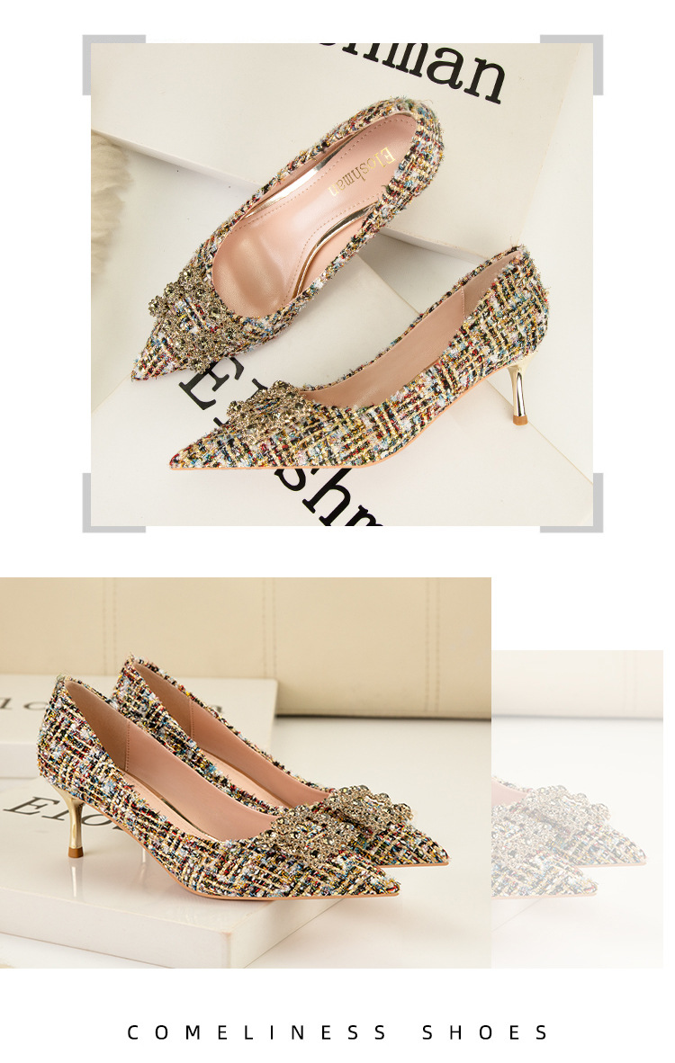 Fashion sexy slim high heels slim heels High heels shallow-cut pointe sparkling rhinester buckle women's single shoes_voghion.com