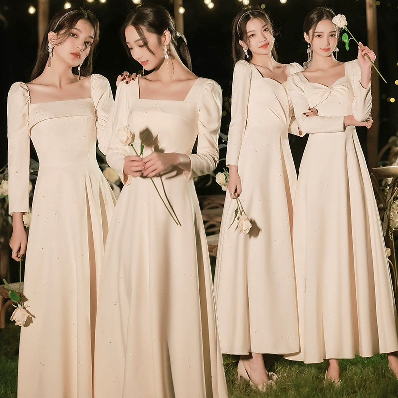 Платье подружки невесты 2024 Новый атласный весенне-осенний Фея элегантный высококачественный для похудения Sisters Group платье с длинным рукавом можно носить в обычное время
