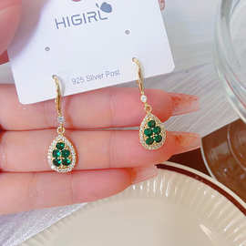 真金电镀微镶时尚锆石水滴耳环甜美绿色镶钻耳钩新款潮高级感耳钩