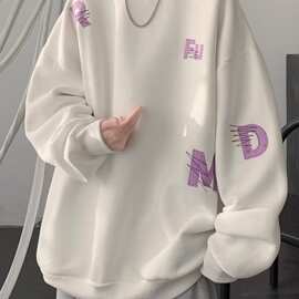 美式潮牌刺绣圆领长袖卫衣男秋冬季高级感宽松情侣装休闲加绒外套