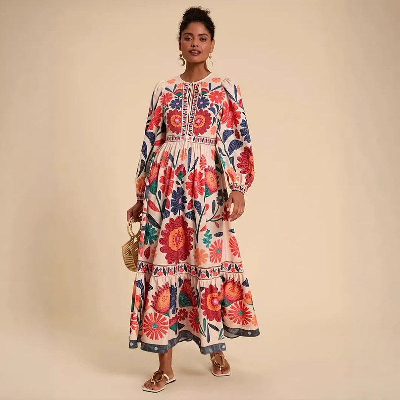 Spot Amazon Cross-Border Export Ebay2025 Independent Station Printed Large Swing Skirt Long-Sleeved Lace-Up Casual Dress Spot Amazon Cross-Border Export Ebay2025 Independent Station Printed Large Swing Skirt Long-Sleeved Lace-Up Casual Dress