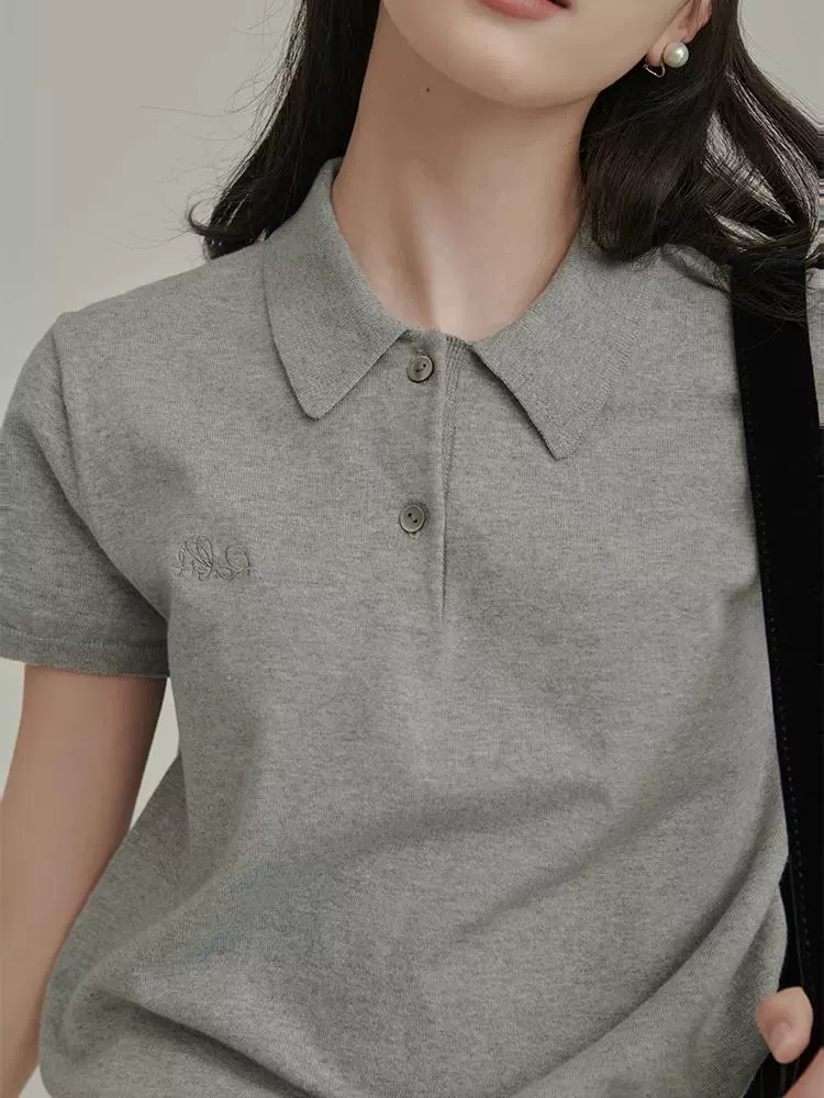Retro Summer Polo Top, Women's Knitted T-Shirt, French-Style Collar, One Size