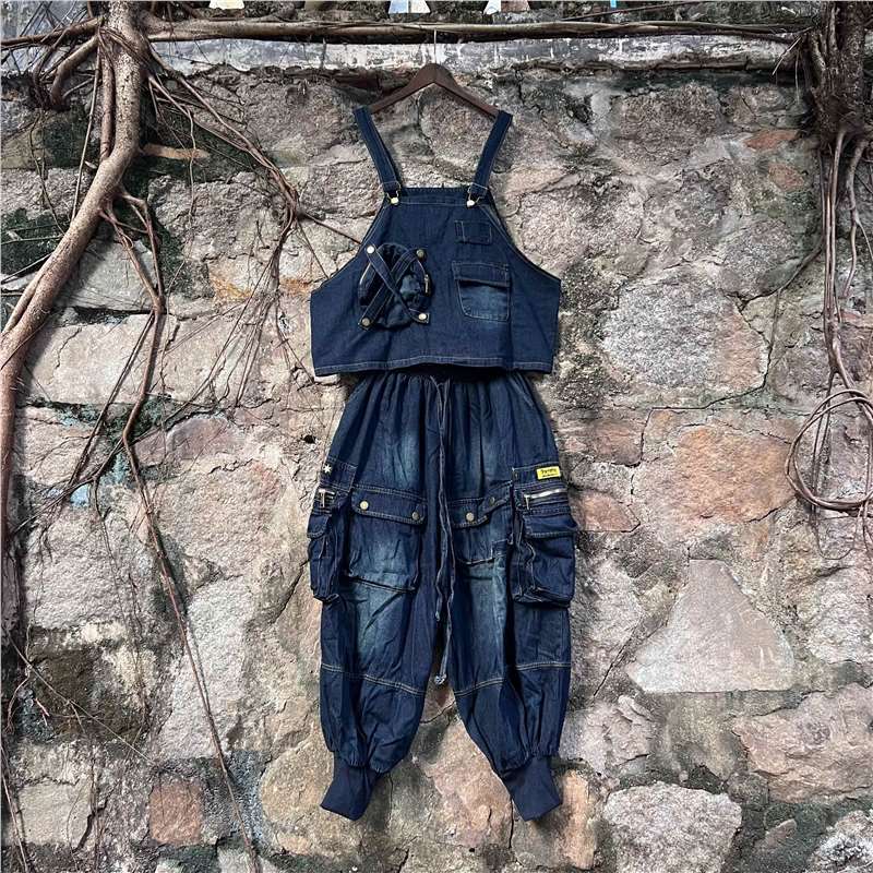 Marca de moda tailandesa 2026 primavera y otoño nueva moda personalidad chaleco sin mangas multi-bolsillo jeans conjunto suelto