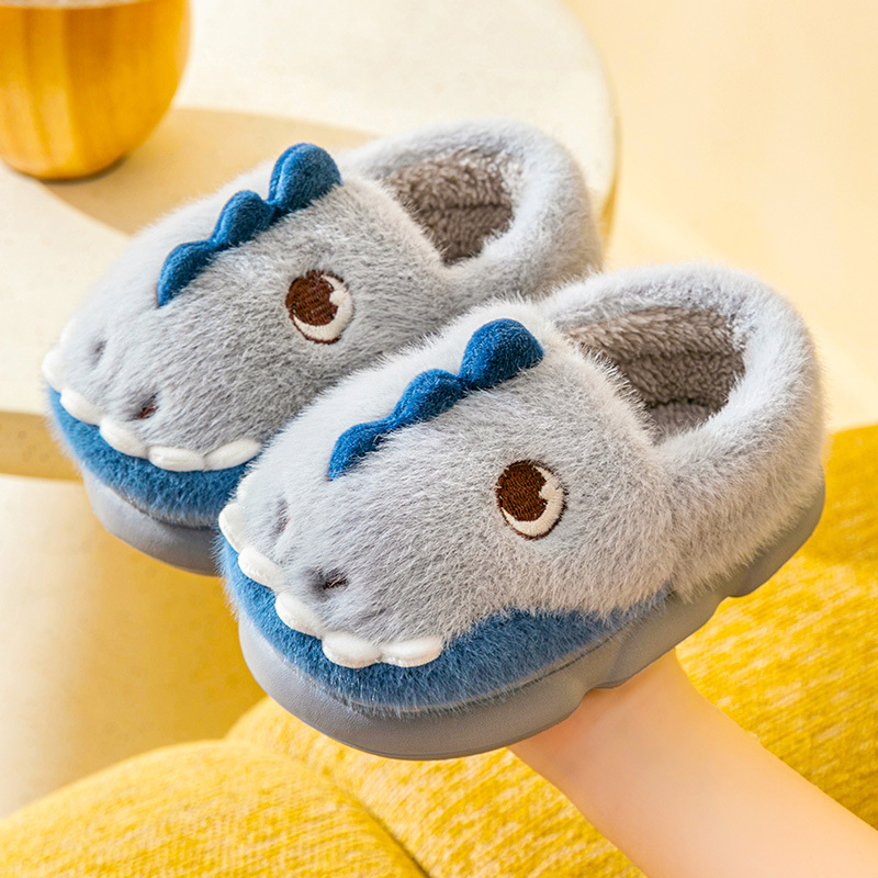 [Otoño e invierno nuevo] Zapatillas de lana para niños de invierno dibujos animados lindo dinosaurio bolsa talón Zapatillas de algodón para niños calientes