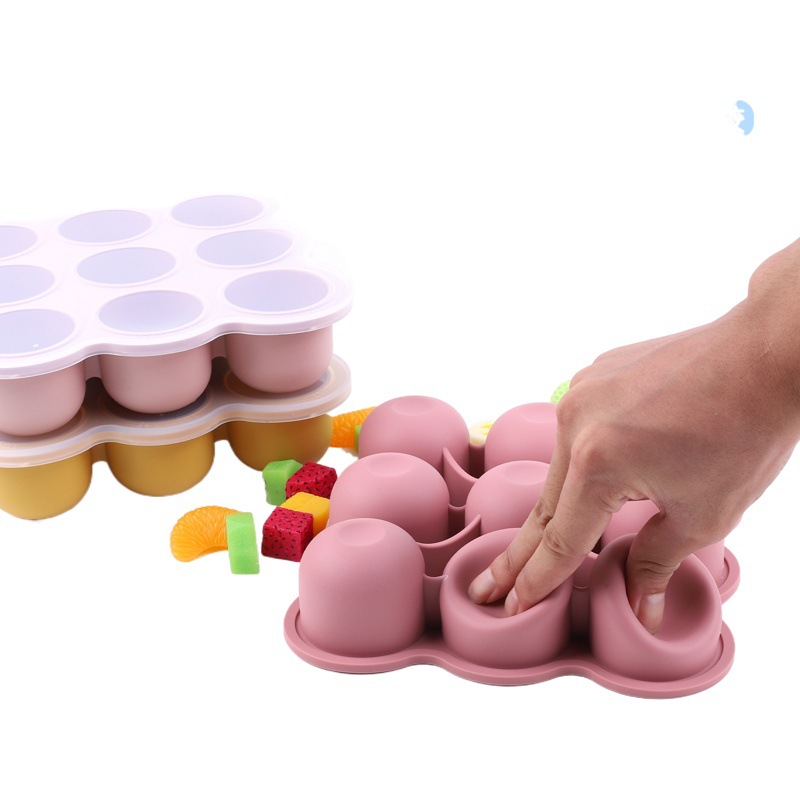 Bandeja de hielo de silicona de 9 orificios Caja de almacenamiento de conservación de alimentos para bebés y niños de silicona con tapa Molde de cubitos de hielo