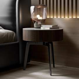 设计师CLSRKYQ-M8017#广巢意式极简圆形岩板床头柜小型卧室烟熏色