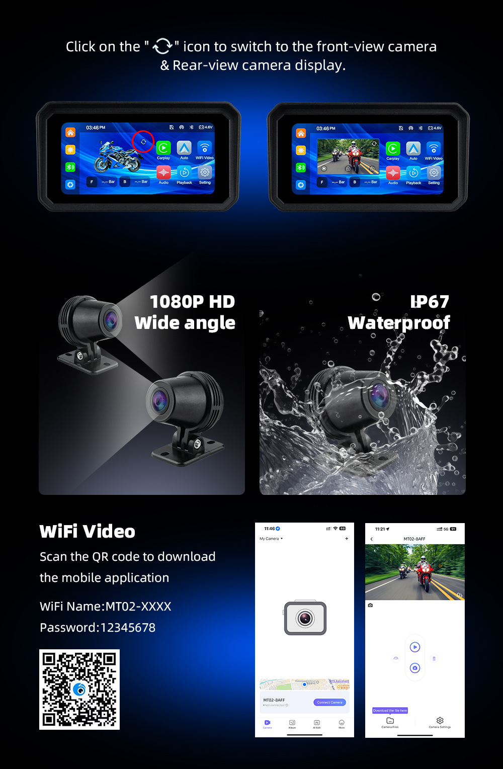 6.25inch Motorcycle Wireless Carplay/Android Auto Phone Screen Projection Dash Cam
