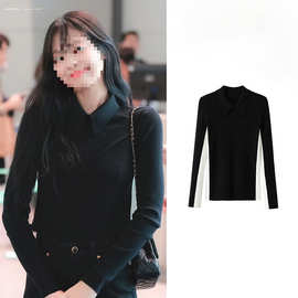 金智妮jennie同款黑白拼色打底衫女秋冬显瘦修身翻领套头毛衣内搭