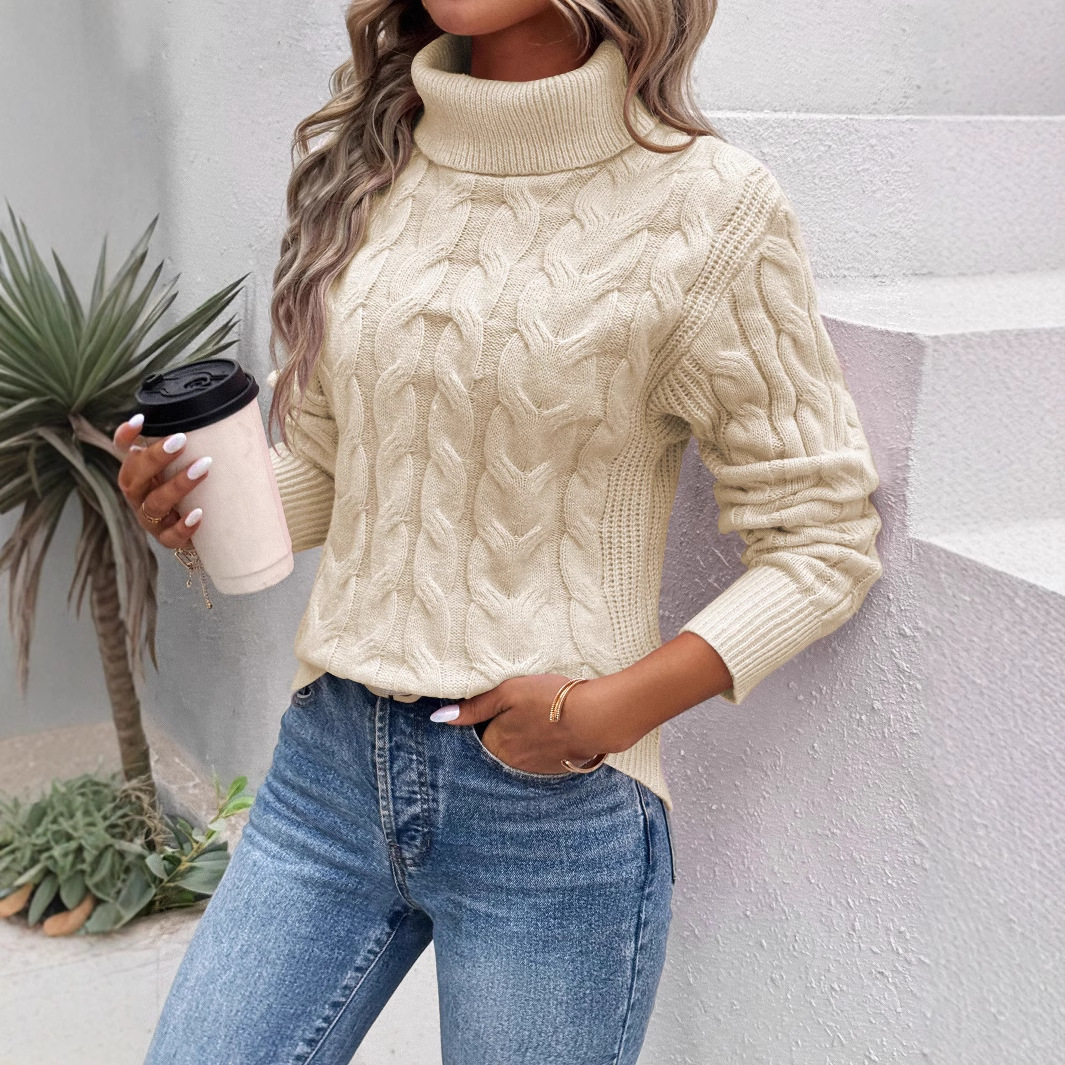 Suéter de punto trenzado de color sólido para mujer, estilo europeo y americano, otoño/invierno, cuello alto, manga larga, grueso, hecho a medida.