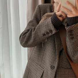 2025秋冬新款韩版宽松羊毛呢子大衣咖色千鸟格子毛呢西装外套女