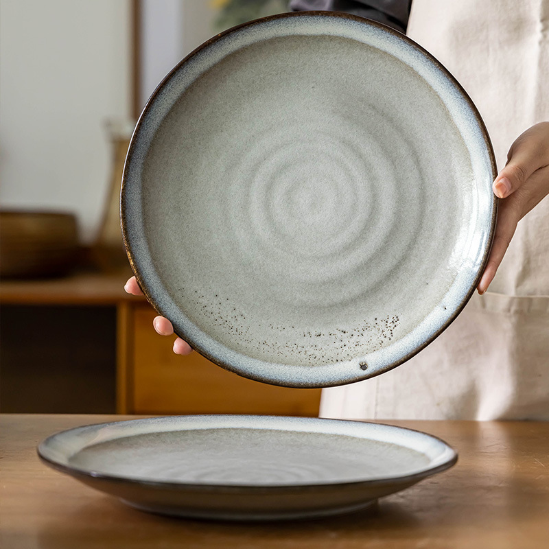 Bandeja plana roscada de viento, plato de cerámica japonesa, vajilla redonda especial para el hogar, plato grande, plato de carne occidental