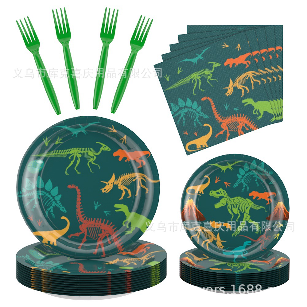 Dinosaurios fósiles transfronterizos tema de fiesta de cumpleaños decoraciones bandeja de papel de cumpleaños para niños tazas de papel toallas de papel set de cubiertos