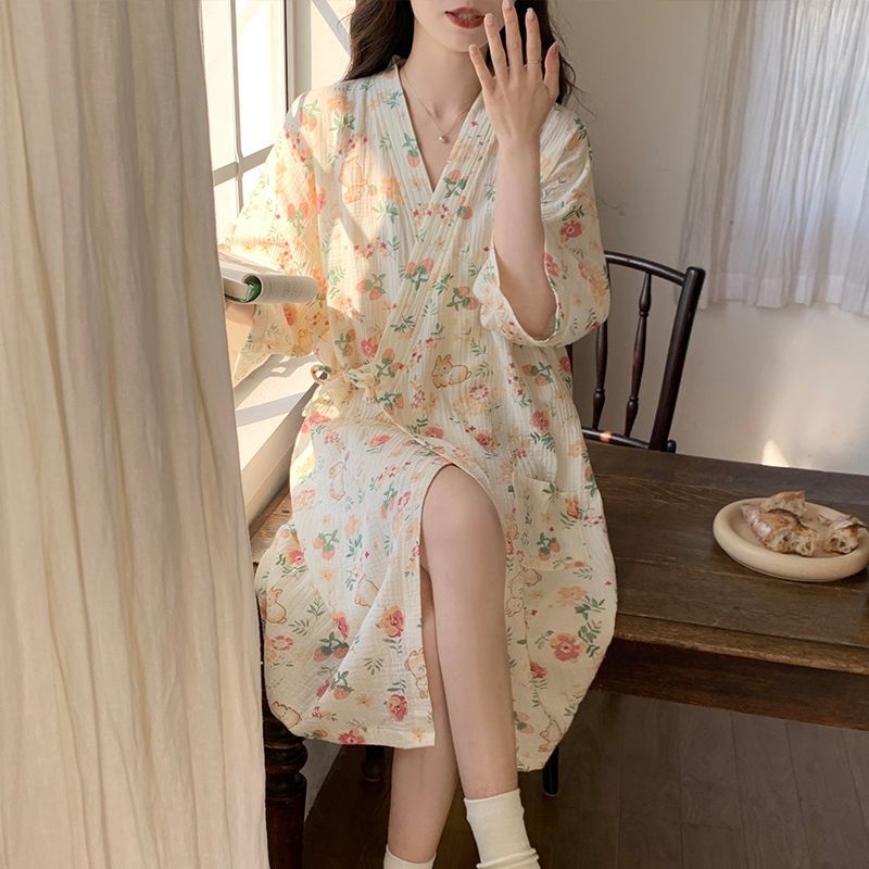 Gauze Bathrobe Women's Summer Thin Japanese Style Kimono Pure Cotton Nightgown Popular Style Spring & Fall Large Size Summer Maternity Pajamas