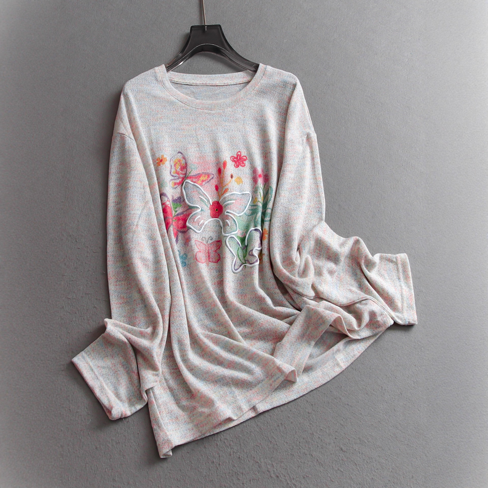 彩色印花宽松松弛感圆领罩衫2025秋季新款慵懒风长袖女装T恤女