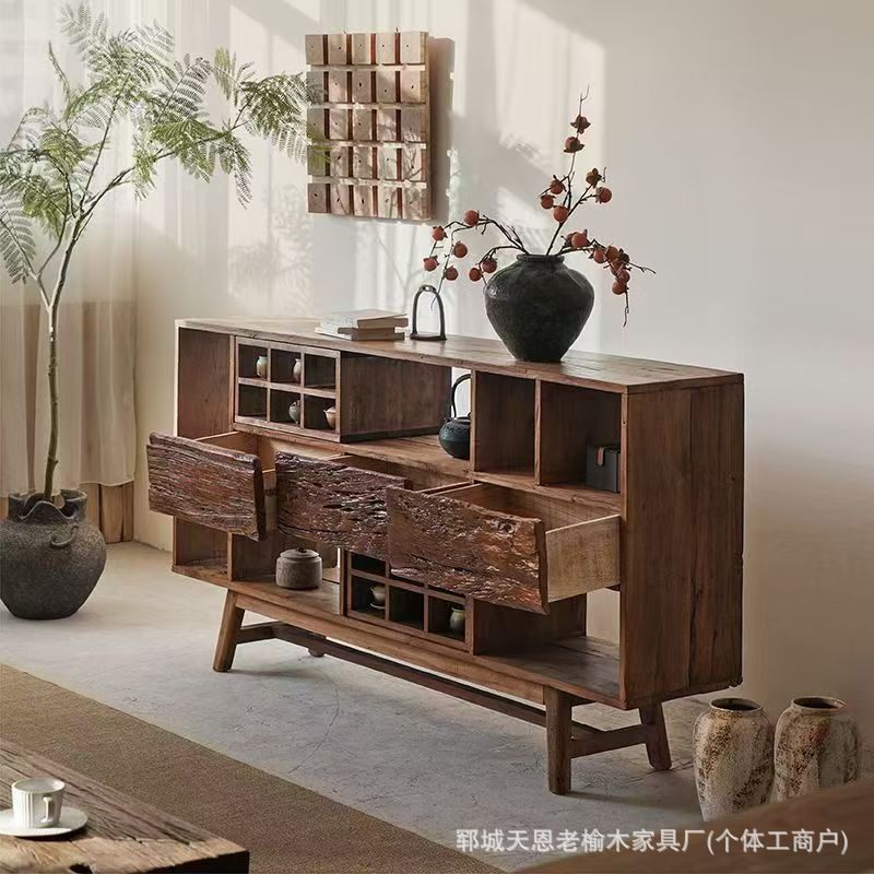Old Elm Wood Side Cabinet, Tea Room Tableware Display Cabinet, Old Elm Wood Multi-Treasure Cabinet, Display Shelf, Entryway Tea Set Cabinet
