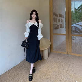 2026大码春装气质露肩连衣裙女新款胖妹妹遮肚显瘦赫本风日韩休闲