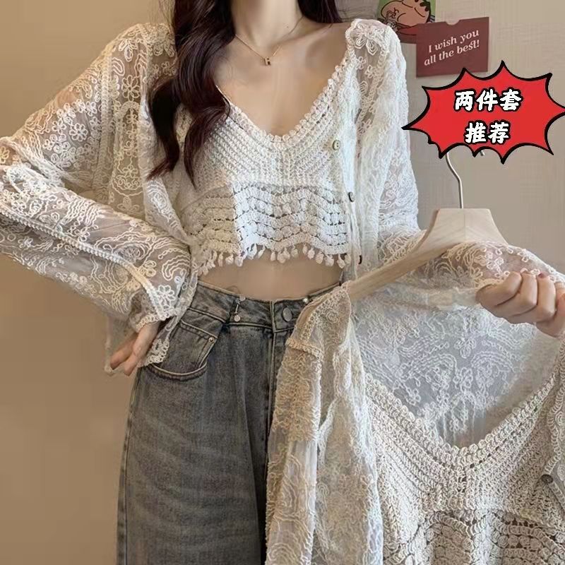 Small Shirt with Sling Summer Cardigan Thin Short Jacket Outer Lace Shirt Women's Top