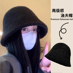 羊羔毛水桶帽女新款日系显脸小渔夫帽纯色时尚韩系百搭盆帽高级感