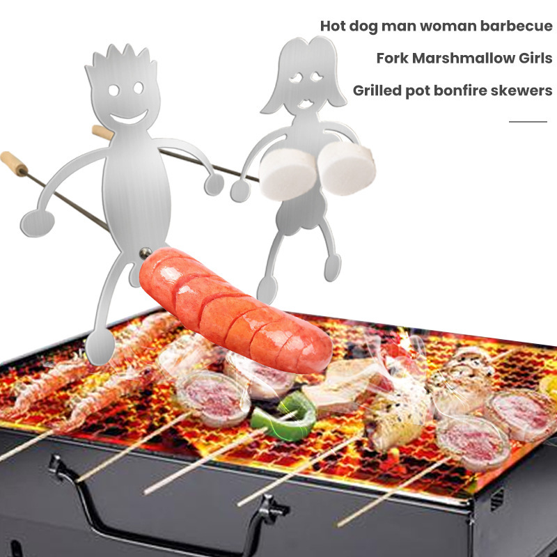 Cross-border Independent Station Barbecue Bracket Stainless Steel Boy And Girl Removable Screw Wooden Handle Sign Outdoor Barbecue Party