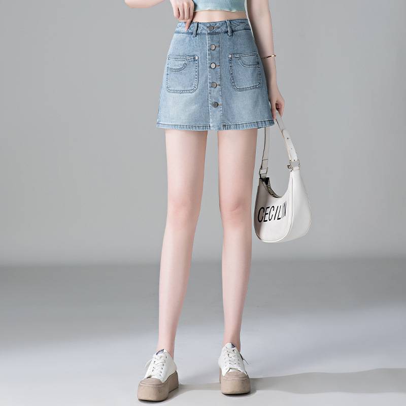 Light Blue Denim Shorts for Women, Spring 2026 New Style, High-Waisted Buttoned A-Line Skirt, Petite Wide-Leg Skirt Pants Light Blue Denim Shorts for Women, Spring 2026 New Style, High-Waisted Buttoned A-Line Skirt, Petite Wide-Leg Skirt Pants
