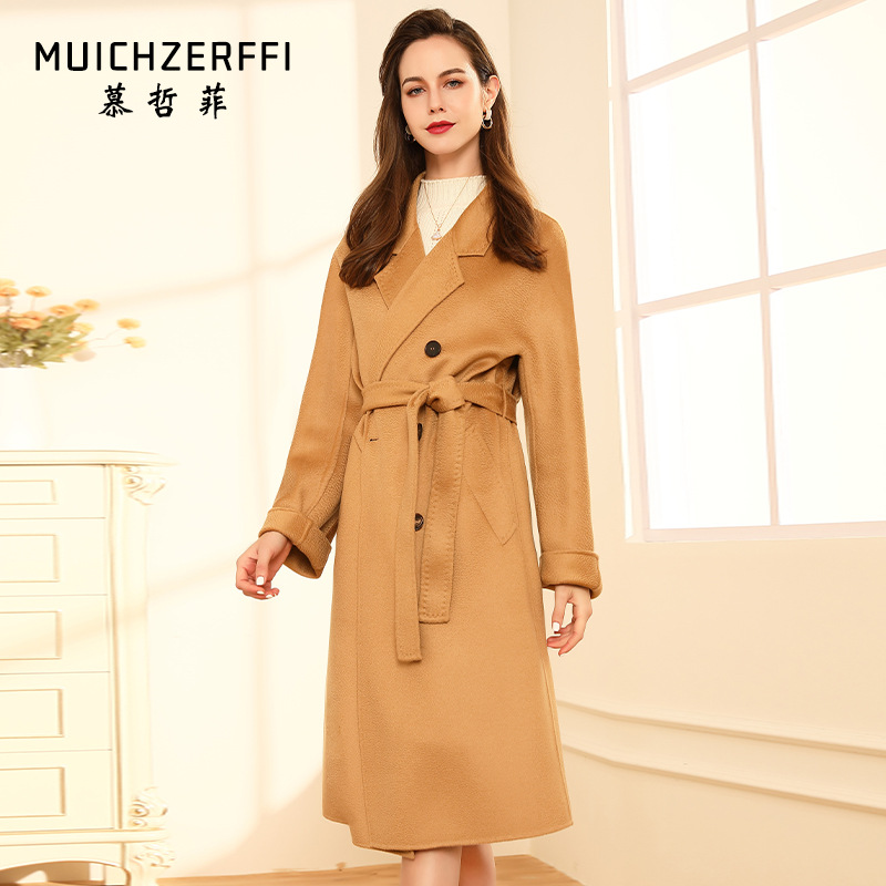 纯山羊绒大衣女双面毛呢外套中长西服领双排扣系带宽松慕哲菲Y237