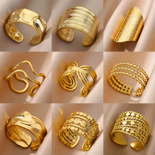 European and American Cross-Border Popular 18K Gold-Plated Stainless Steel Ring, Vintage Open Geometric Adjustable Ring, Wedding Jewelry