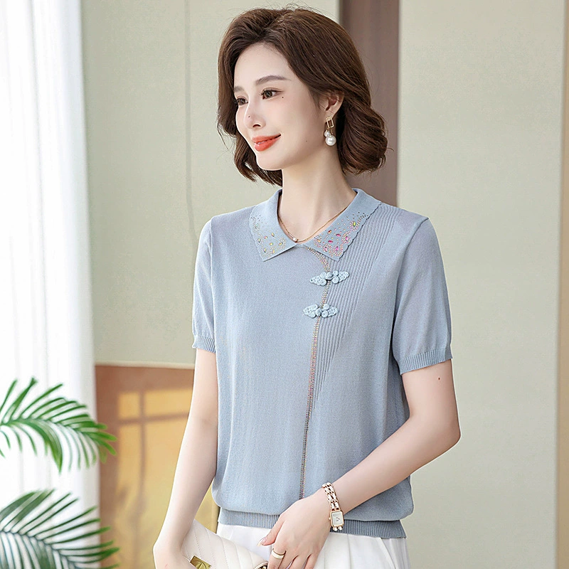 Мама летняя шелковая одежда среднего возраста женская летняя одежда 2025 новая маленькая рубашка среднего и пожилого возраста с лацканом и короткими рукавами футболка