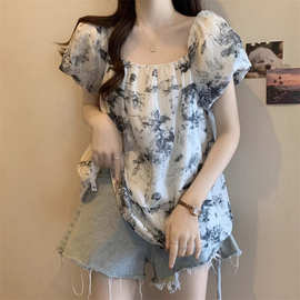 新中式国风水墨泡泡袖衬衫女2024夏季印花方领宽松显瘦娃娃衫外贸