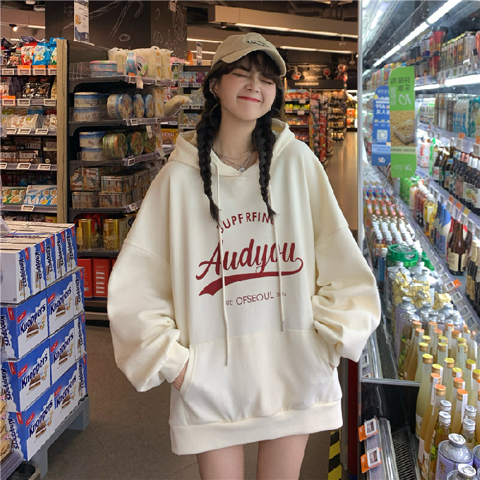 Sudera con Capucha Transfronteriza de Otoño/Invierno, Estilo Coreano, Estampado de Letras, Nuevo Modelo, con Forro Polar, Manga Larga, Top Multiusos de Moda