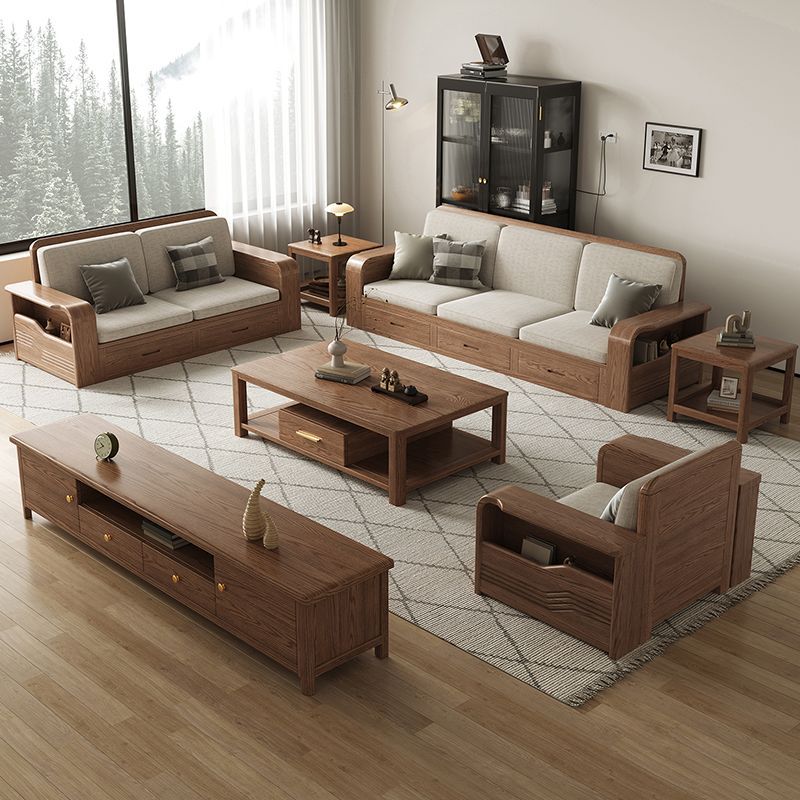 Nordic White Wax Solid Wood Sofa Modern Simple Living Room Winter and Summer Dual-Use Small Apartment Combination Chaise Storage Furniture Cotton