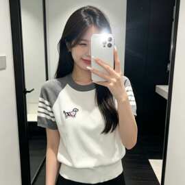 撞色四杠条纹小狗刺绣插肩袖短袖女夏装2026年新款针织衫冰丝上衣