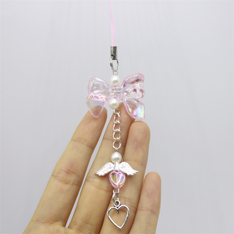 Colorful Bow Heart Guka Beaded Mobile Phone Lanyard Cut Out Peach Heart Pendant Little Angel Wings Bag Hanging Chain