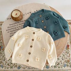 2023 Autumn Infant Children 0-3 Years Old Baby Girl Handmade Flower Knitted Cotton Yarn Jacket Round Neck Sweater Cardigan