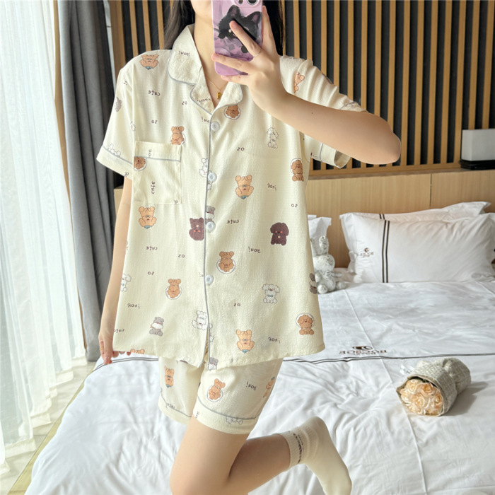 睡衣女夏季梭织泡泡棉皱布ins公主风可爱短袖夏天薄款家居服套装|undefined