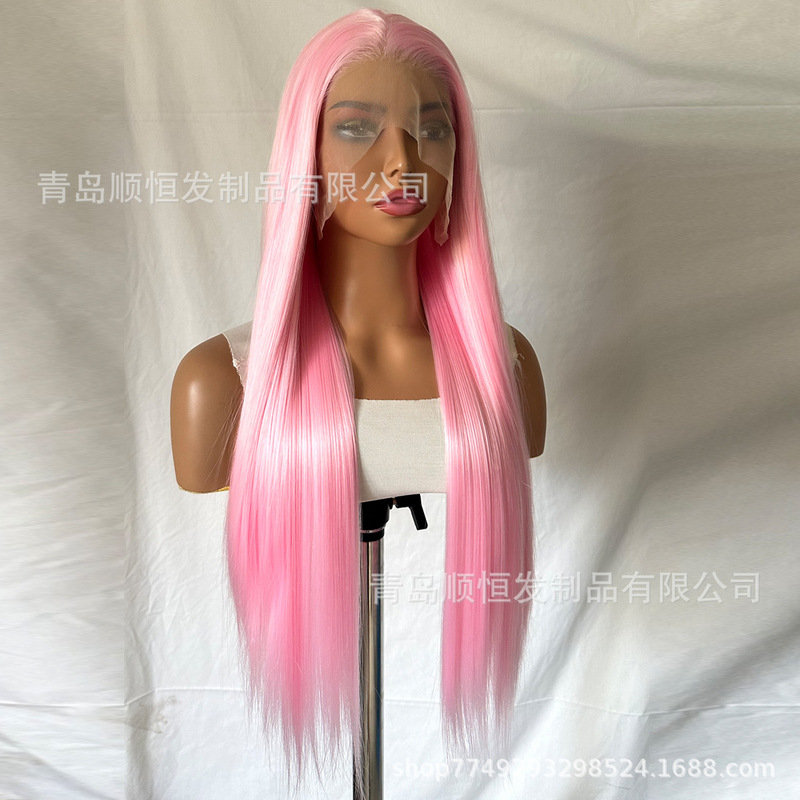 レース手织りかつらレディース全头カバー淡いピンクロングストレート耐熱繊维ナチュラルストレートwig工场现场品|undefined