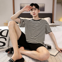 男款睡衣夏季莫代尔短袖短裤套装薄款大码青年条纹男士家居服套装