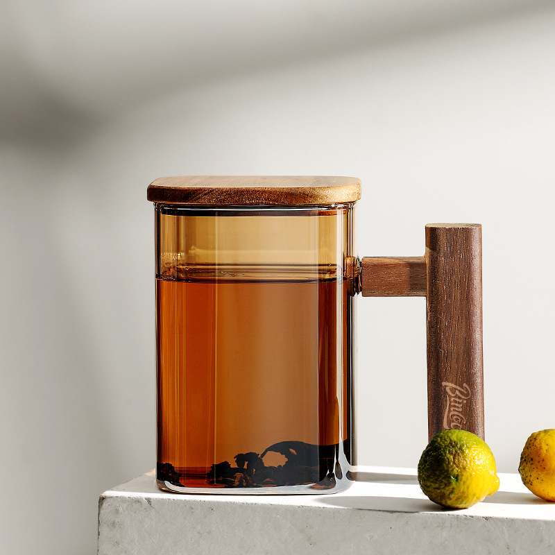 光一日式玻璃泡茶杯办公室大容量喝水杯家用带盖木把花茶杯子理定