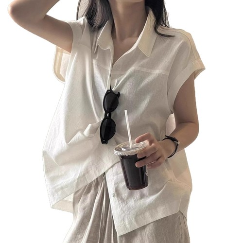 Korean-style Feifei sleeve linen shirt for women, summer design, niche sleeveless French-style top, high-end retro blouse