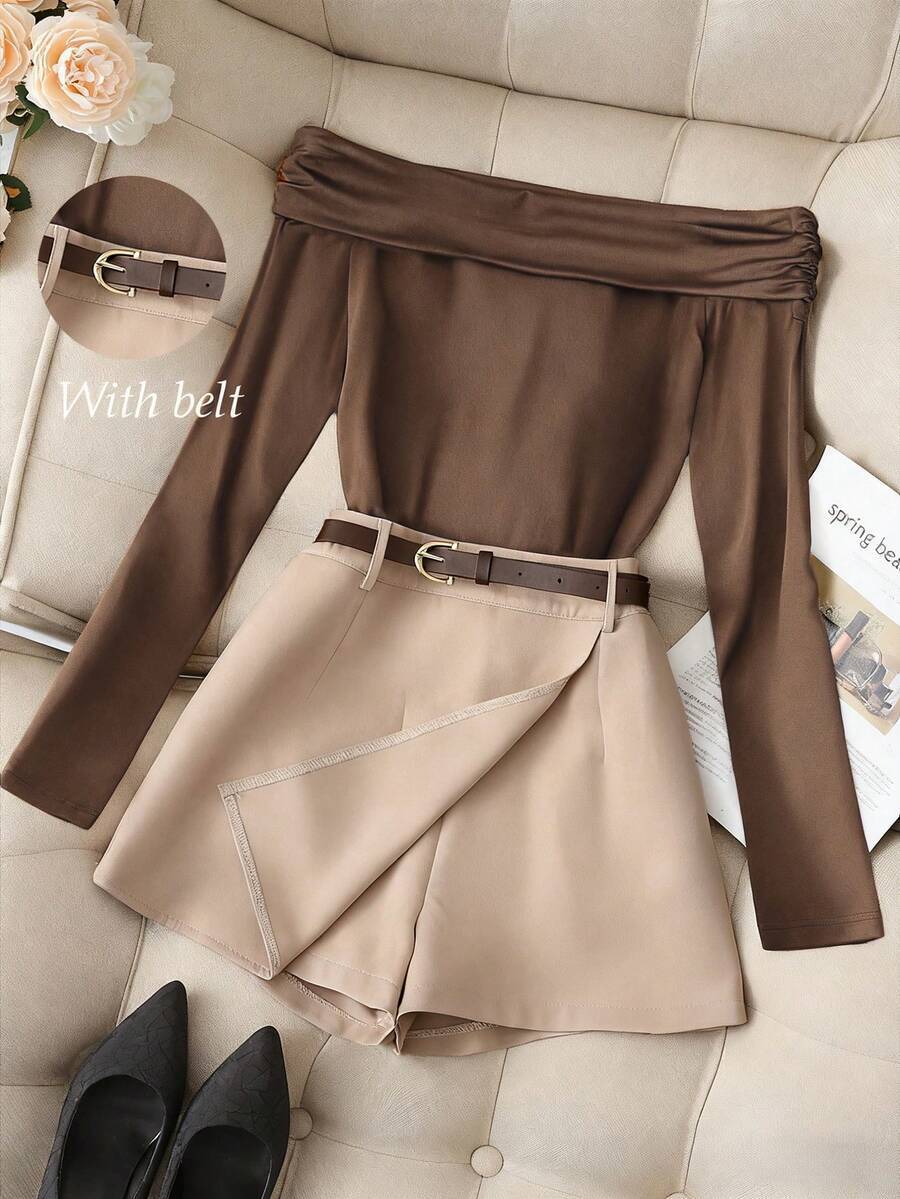Women's Off-Shoulder Long Sleeve T-Shirt Shorts Skirt Set_ecoleips.com