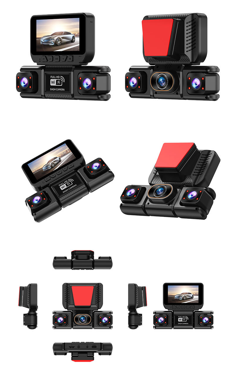 Four-lens 360-degree dashcam with WiFi mobile playback, night vision, anti-shake, parking monitoring, and reverse recording