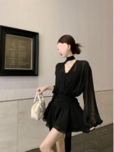 大码法式长袖衬衫连衣裙女春季性感百褶雪纺裙胖MM遮肚显瘦短裙子