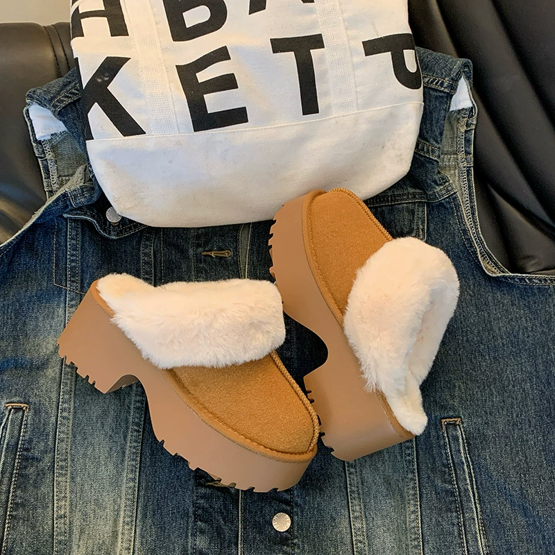 Высокие каблуки шерстяные тапочки женские 2024 зимние хлопчатобумажные тапочки на каблуках плюс бархат утолщенные повседневные ботинки